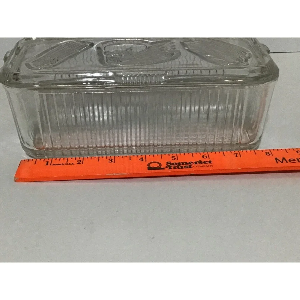 Vintage Federal Glass Ribbed Oblong Refrigerator Dish With Lid 8 inches Embossed